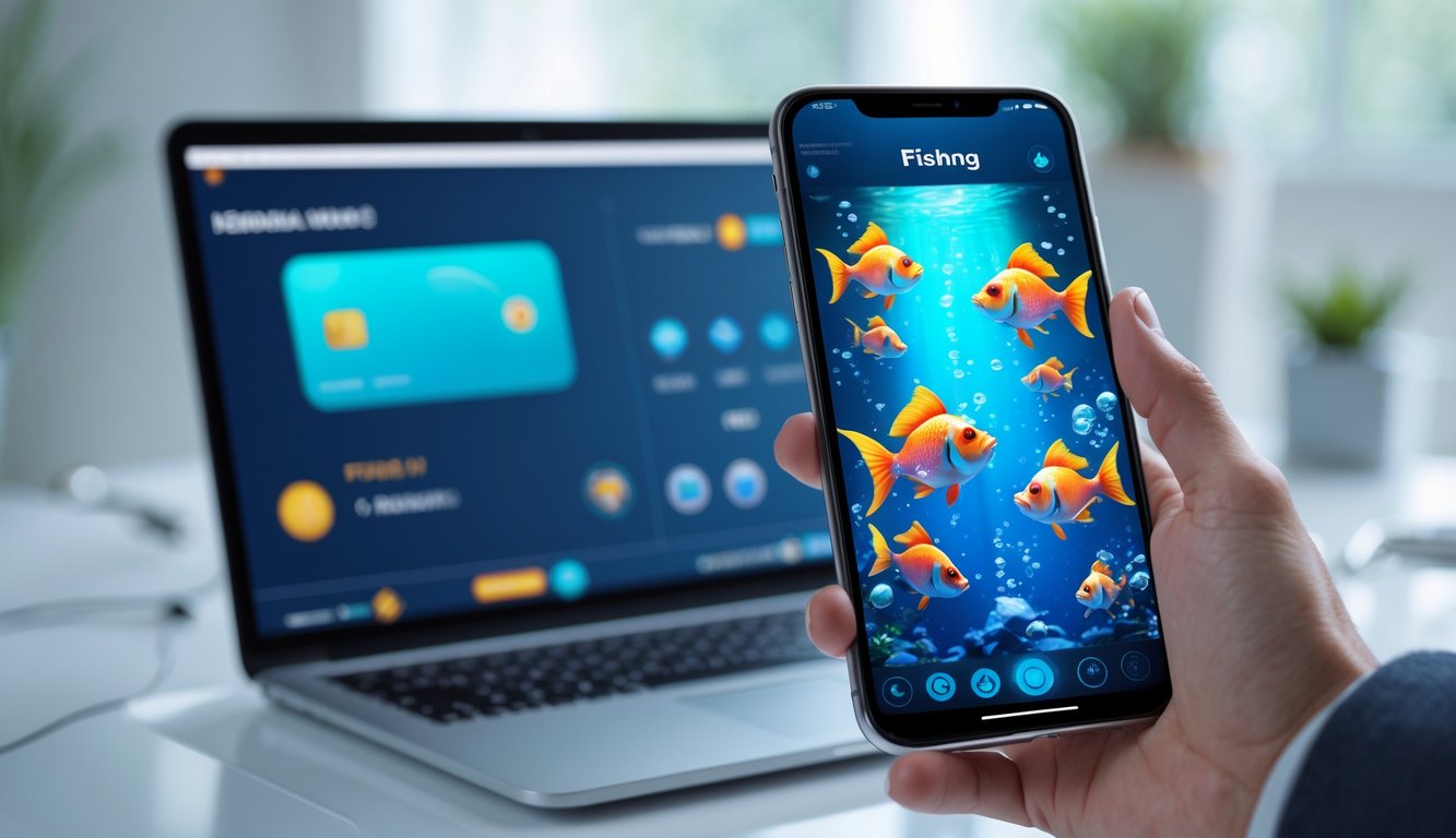 Seseorang memegang ponsel yang menampilkan permainan ikan online dengan latar belakang ruang kerja modern dan aplikasi e-wallet di layar perangkat lain.