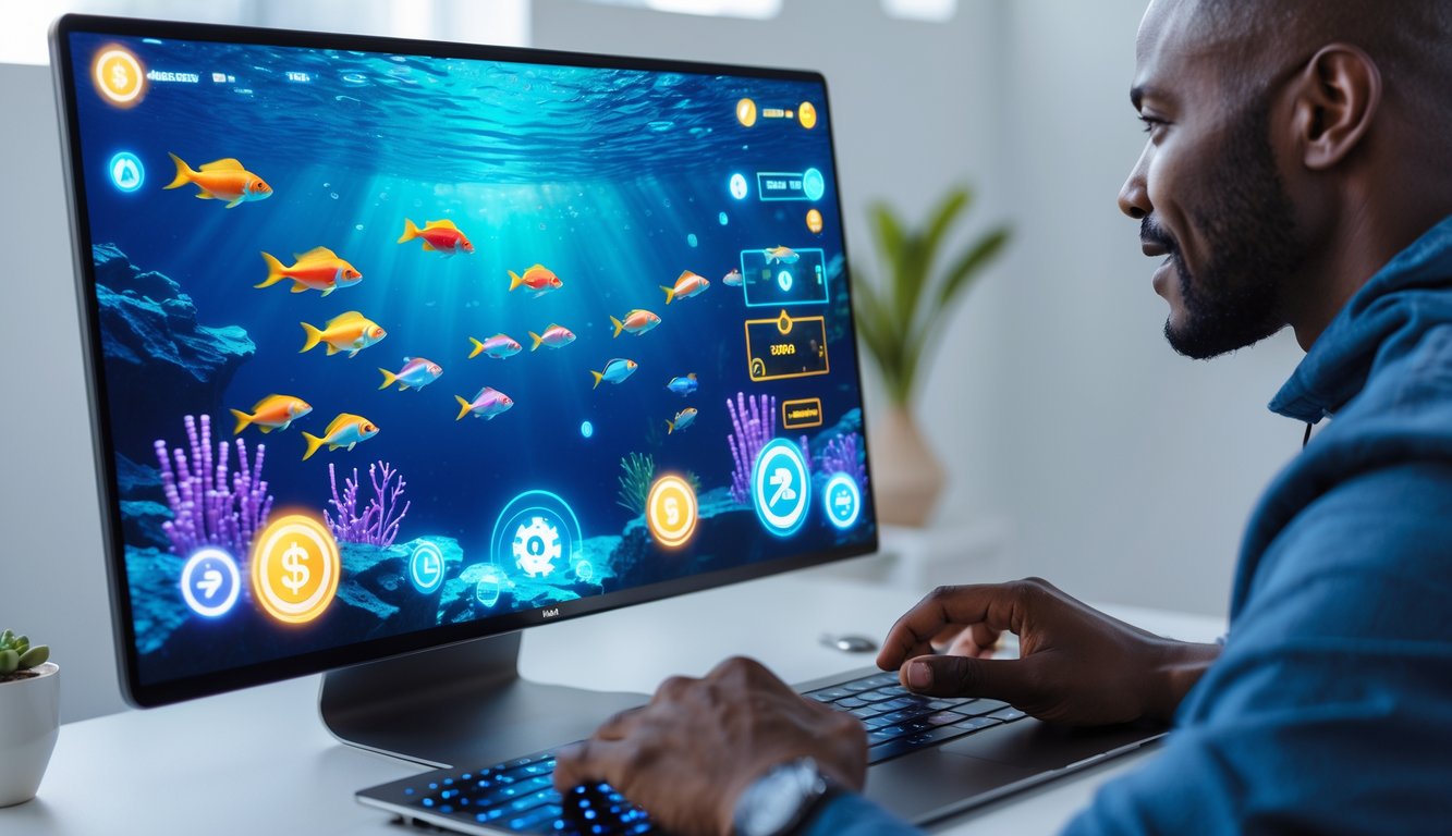 Seorang pemain dewasa sedang menggunakan komputer untuk bermain game tembak ikan online dengan latar belakang ikan berwarna-warni di layar.