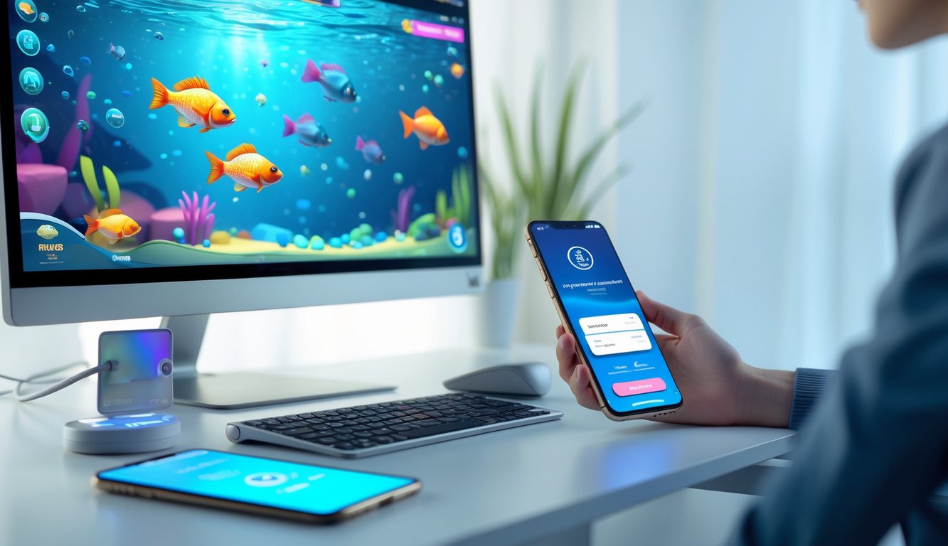 Sebuah meja dengan komputer dan ponsel menampilkan permainan tembak ikan dan aplikasi e-wallet.