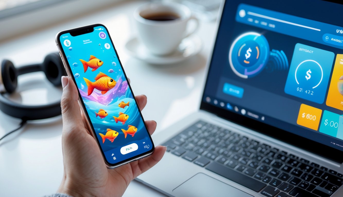 Tangan seseorang memegang ponsel yang menampilkan permainan tembak ikan dengan grafik warna-warni dan layar lain menampilkan aplikasi e-wallet di meja kerja.