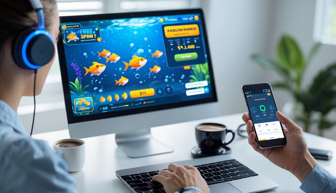 Seseorang menggunakan komputer dan ponsel untuk bermain game tembak ikan online dan melakukan deposit cepat menggunakan e-wallet.
