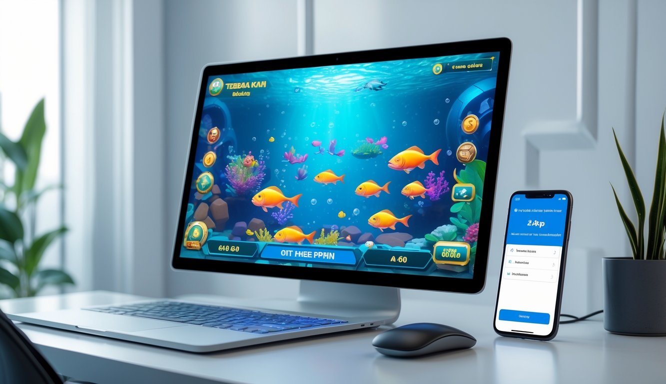 Sebuah meja kerja dengan komputer yang menampilkan permainan tembak ikan dan ponsel yang menunjukkan aplikasi dompet digital untuk deposit cepat.