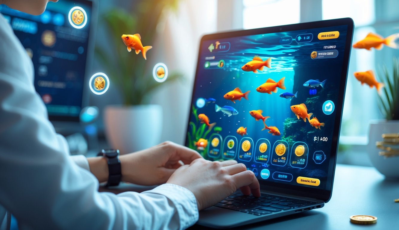 Seseorang menggunakan laptop dengan tampilan permainan tembak ikan online yang penuh warna dan ikon e-wallet di layar.
