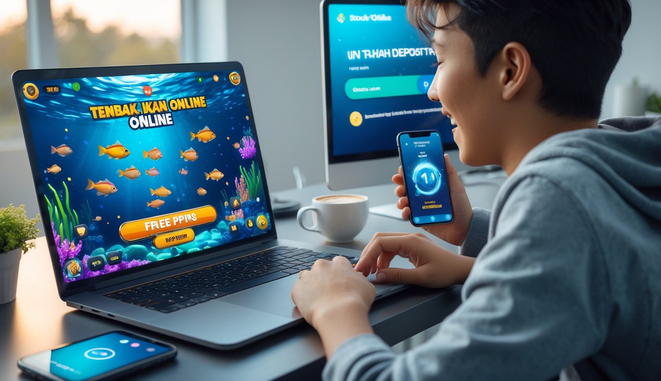 Seorang pemain muda menggunakan komputer untuk bermain game tembak ikan online dengan layar menampilkan ikan berwarna-warni, di sampingnya terlihat ponsel dengan aplikasi dompet digital yang menunjukkan konfirmasi deposit.