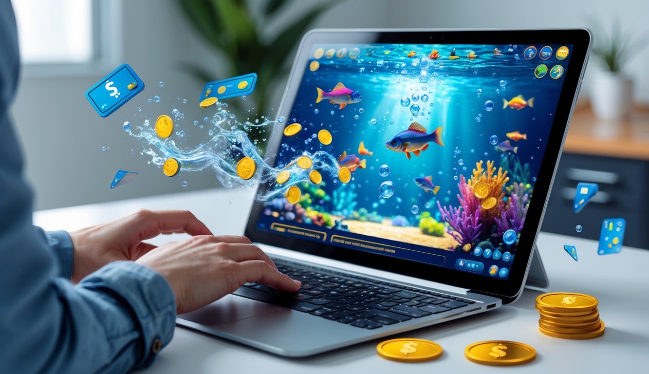 Seseorang menggunakan laptop atau tablet yang menampilkan permainan tembak ikan dengan ikon dompet digital dan koin di sekitarnya.