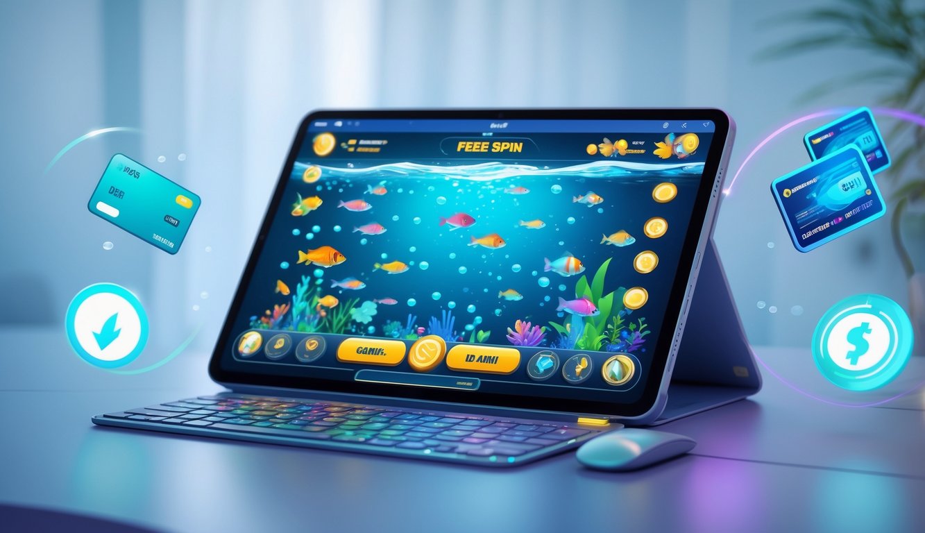 Layar perangkat dengan permainan tembak ikan berwarna-warni dan ikon pembayaran digital di sekitarnya.