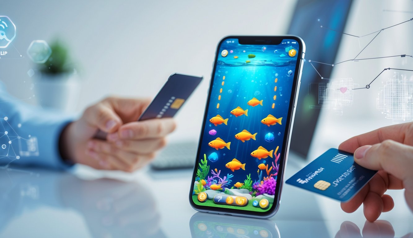 Seseorang menggunakan ponsel untuk bermain game tembak ikan online sambil melakukan deposit melalui aplikasi e-wallet.