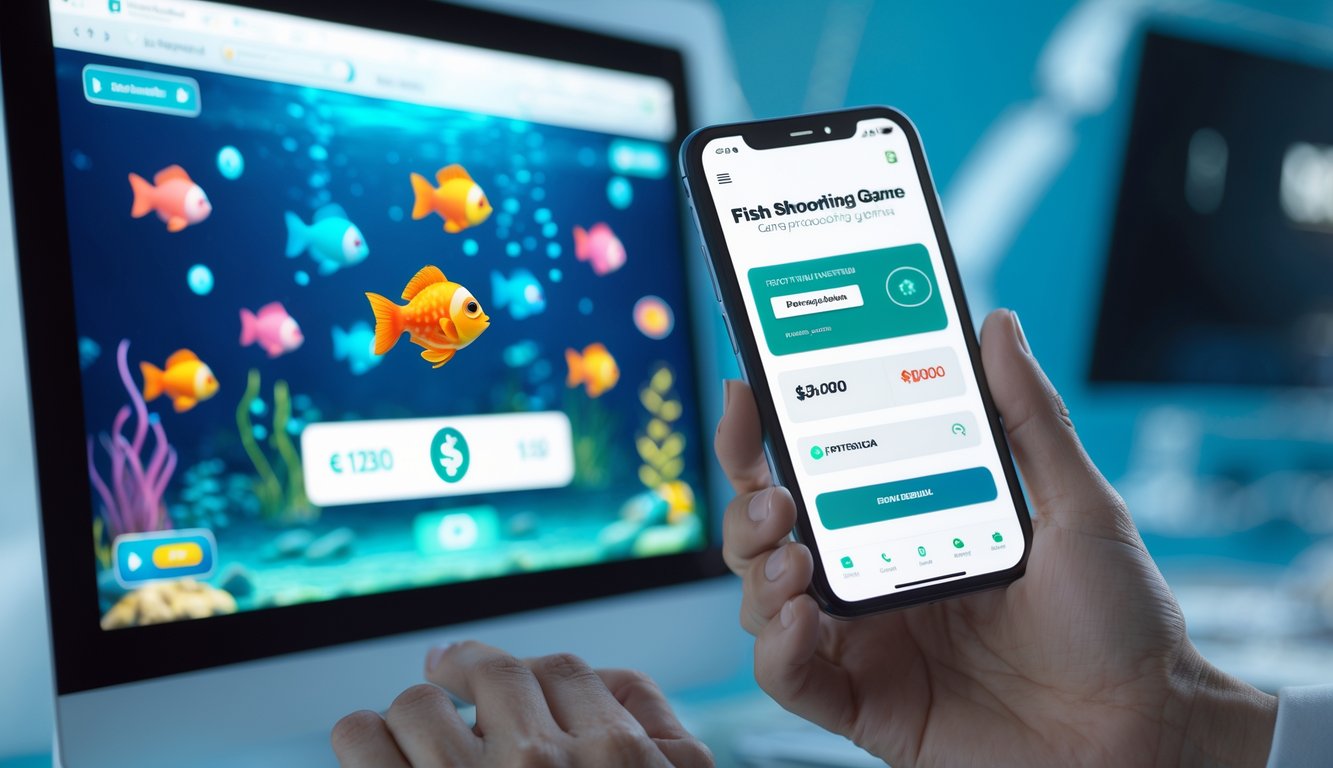 Seorang pengguna memegang ponsel dengan aplikasi e-wallet terbuka di dekat layar perangkat yang menampilkan permainan tembak ikan dengan ikan berwarna-warni di latar bawah laut.