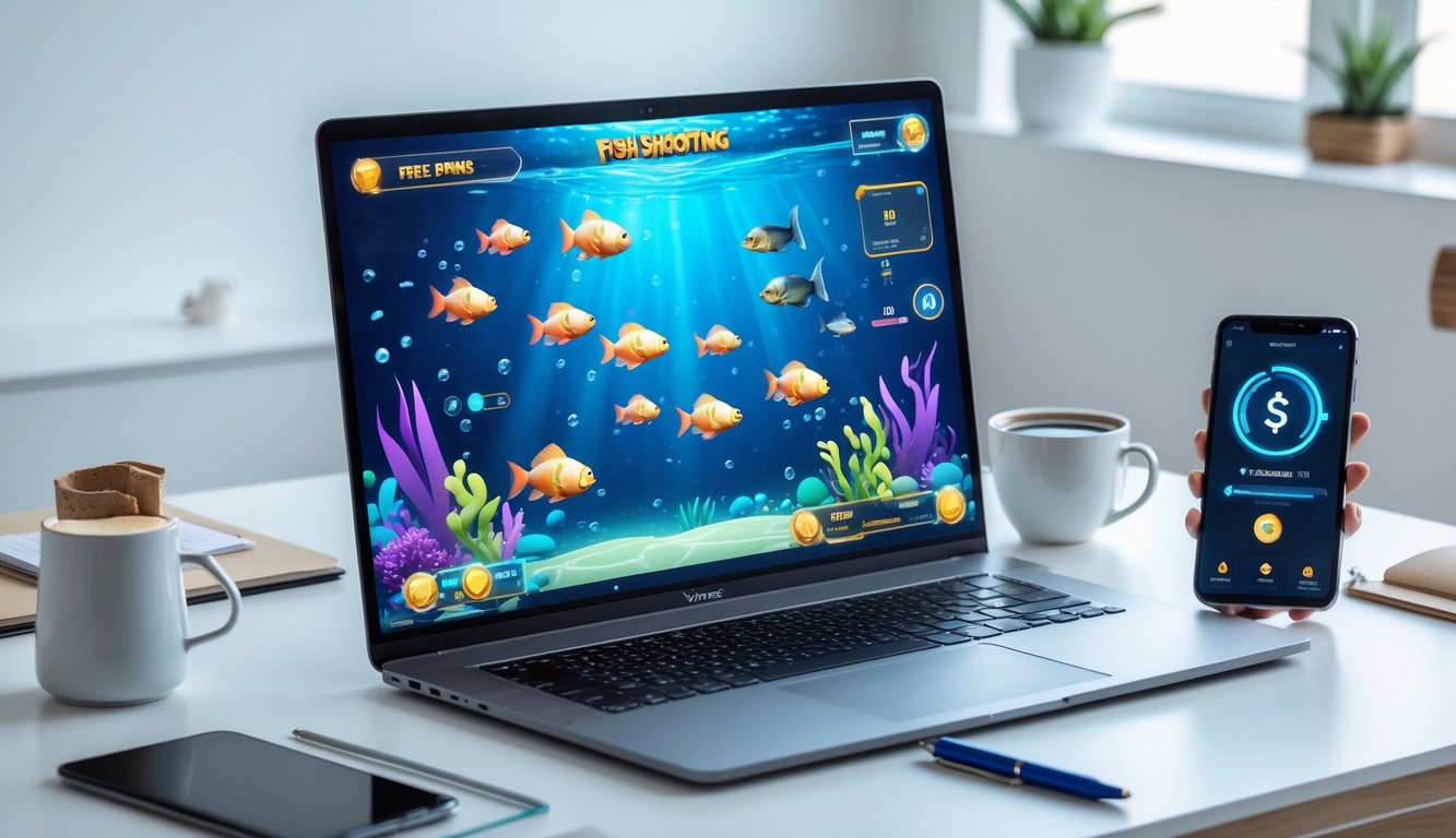 Seseorang menggunakan laptop dan ponsel untuk bermain game tembak ikan online dengan tampilan aplikasi dompet digital di layar ponsel.