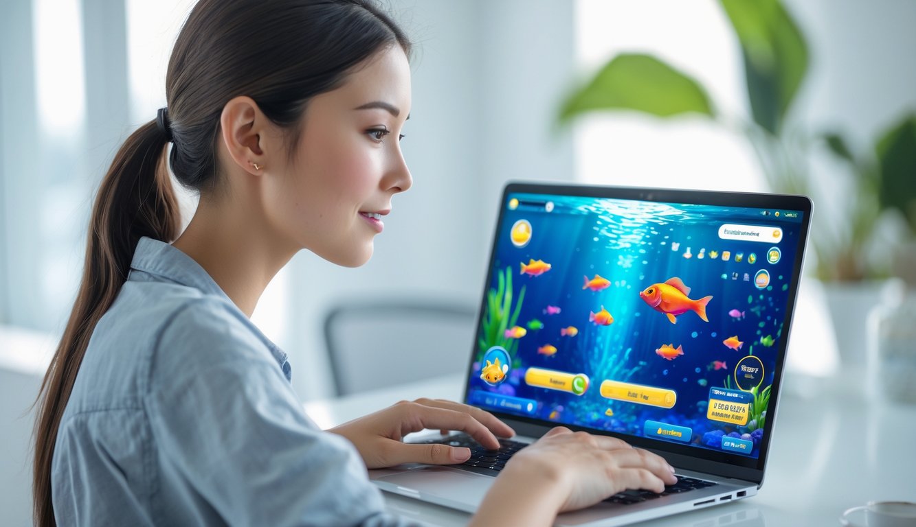 Seorang pemula sedang bermain game tembak ikan online di laptop dengan latar belakang grafis ikan berwarna-warni dan ikon game di layar.