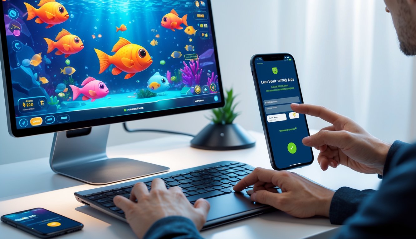 Seorang pemain menggunakan komputer dan ponsel untuk bermain game tembak ikan online dengan aplikasi e-wallet terbuka di layar.
