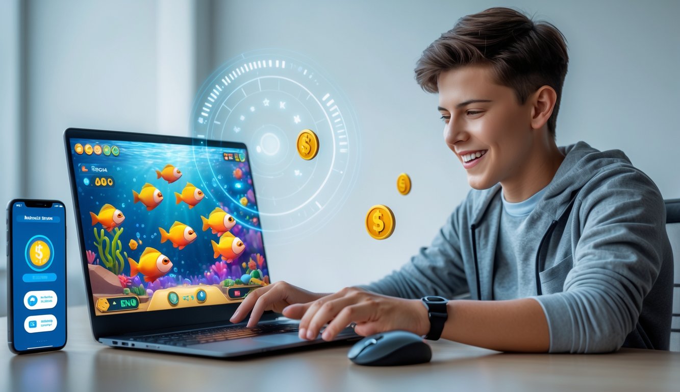 Seorang dewasa muda bermain game tembak ikan online di laptop dengan ponsel menampilkan aplikasi dompet digital di meja.