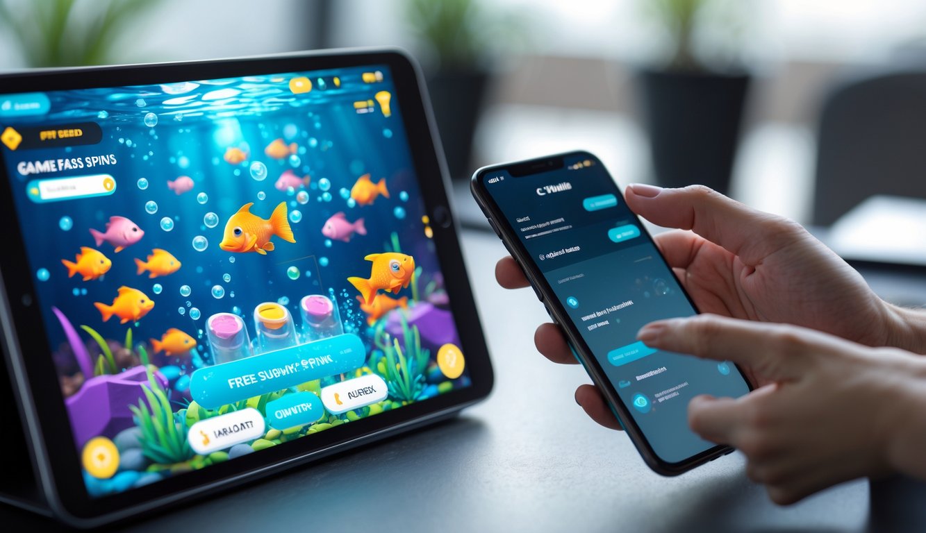 Seseorang memegang perangkat digital yang menampilkan permainan tembak ikan dengan grafik warna-warni dan aplikasi e-wallet yang menunjukkan transaksi deposit.