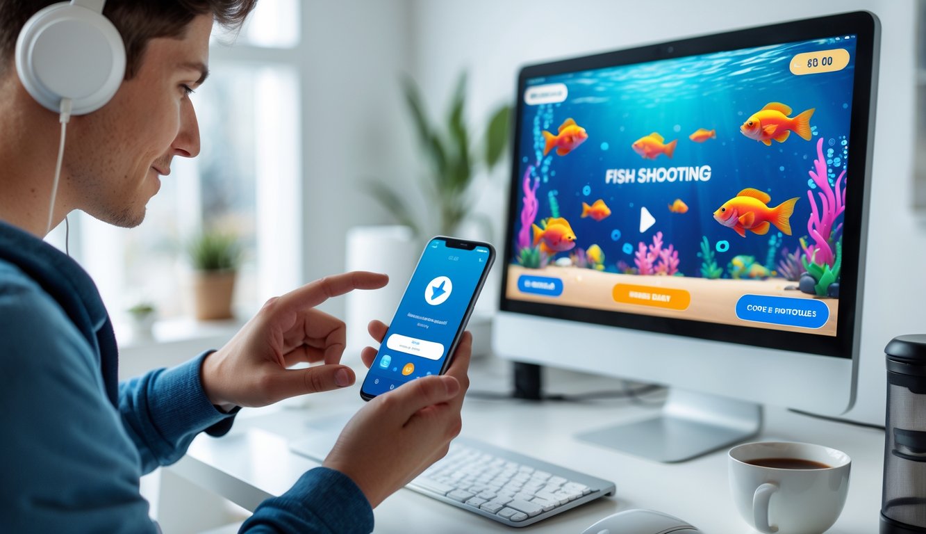 Seseorang menggunakan ponsel dengan aplikasi dompet elektronik, di sampingnya layar menampilkan permainan tembak ikan berwarna-warni.