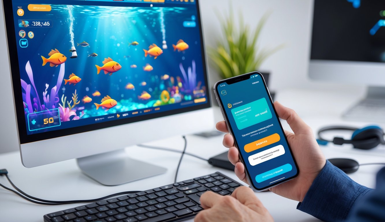 Seseorang menggunakan perangkat digital dengan layar menampilkan permainan tembak ikan online dan memegang ponsel yang menunjukkan aplikasi e-wallet.