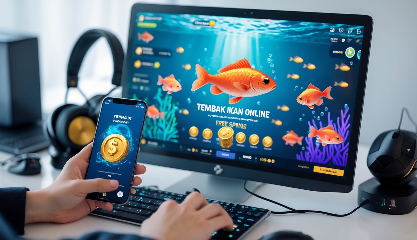 Seorang pemain menggunakan komputer dan ponsel untuk bermain permainan tembak ikan online dengan tampilan aplikasi dompet digital di meja.