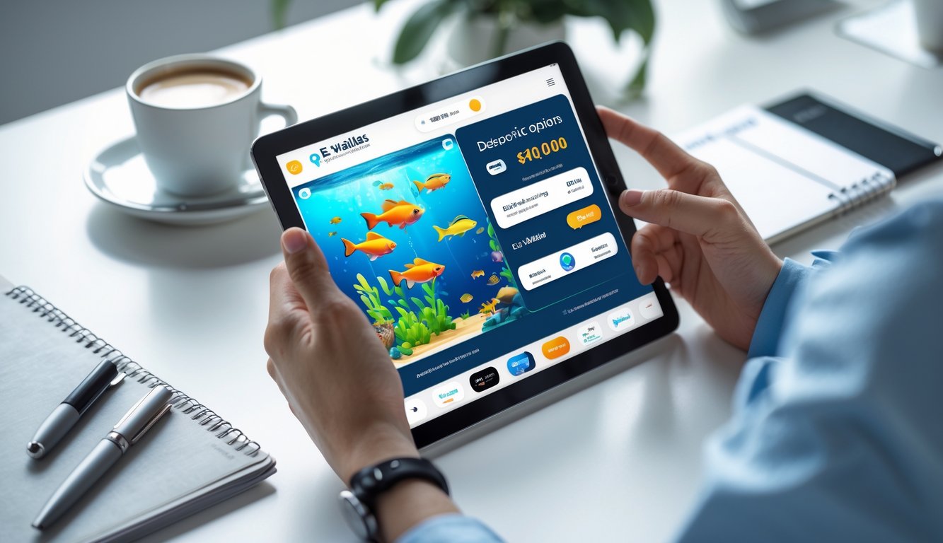 Tangan seseorang memegang ponsel yang menampilkan permainan tembak ikan dengan layar e-wallet di latar belakang di atas meja kerja.