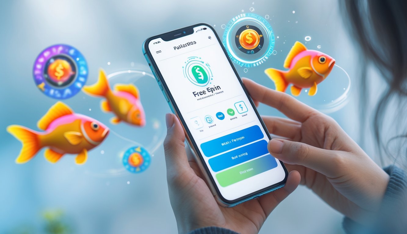 Tangan memegang smartphone dengan tampilan aplikasi e-wallet dan grafik ikan berwarna-warni serta simbol putaran gratis di latar belakang.