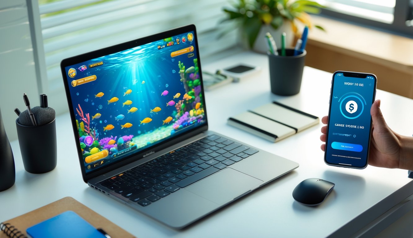 Seorang pengguna sedang bermain game tembak ikan online di laptop dengan smartphone yang menampilkan aplikasi e-wallet untuk deposit.