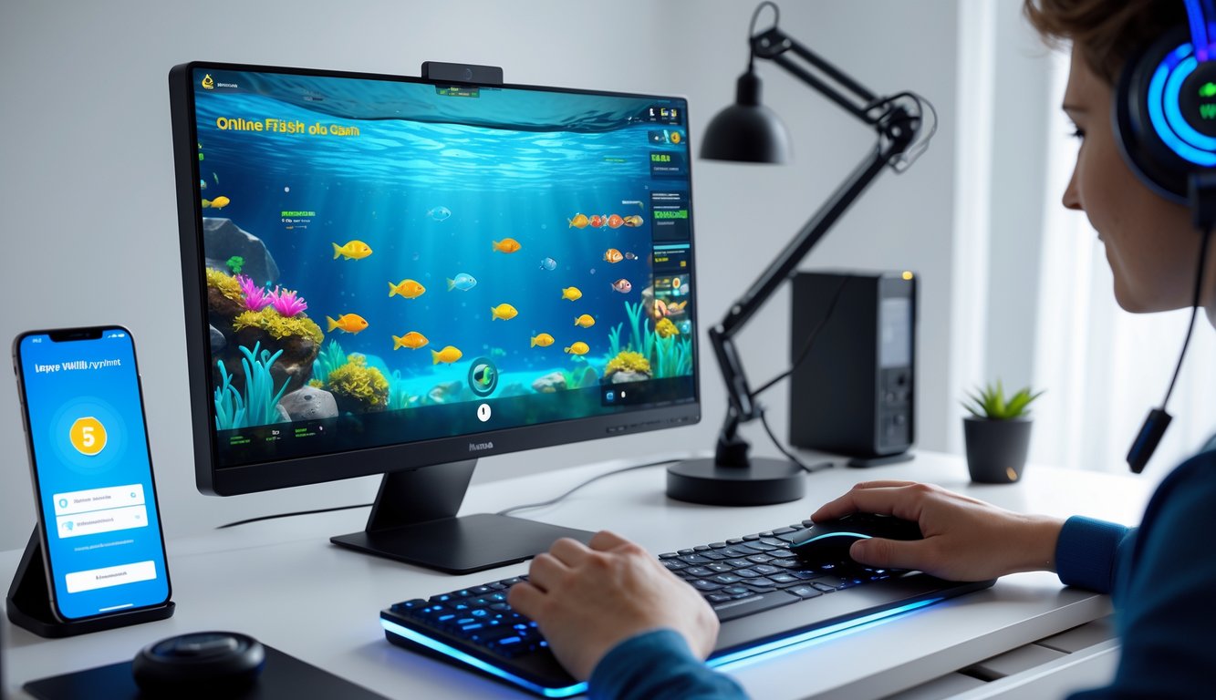 Seseorang bermain permainan tembak ikan online di komputer dengan ponsel di meja yang menampilkan aplikasi dompet digital.