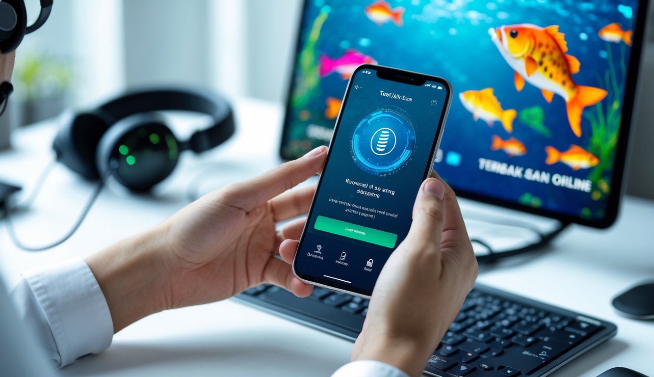 Seseorang menggunakan ponsel untuk melakukan deposit e-wallet dengan latar belakang layar komputer yang menampilkan permainan tembak ikan online.