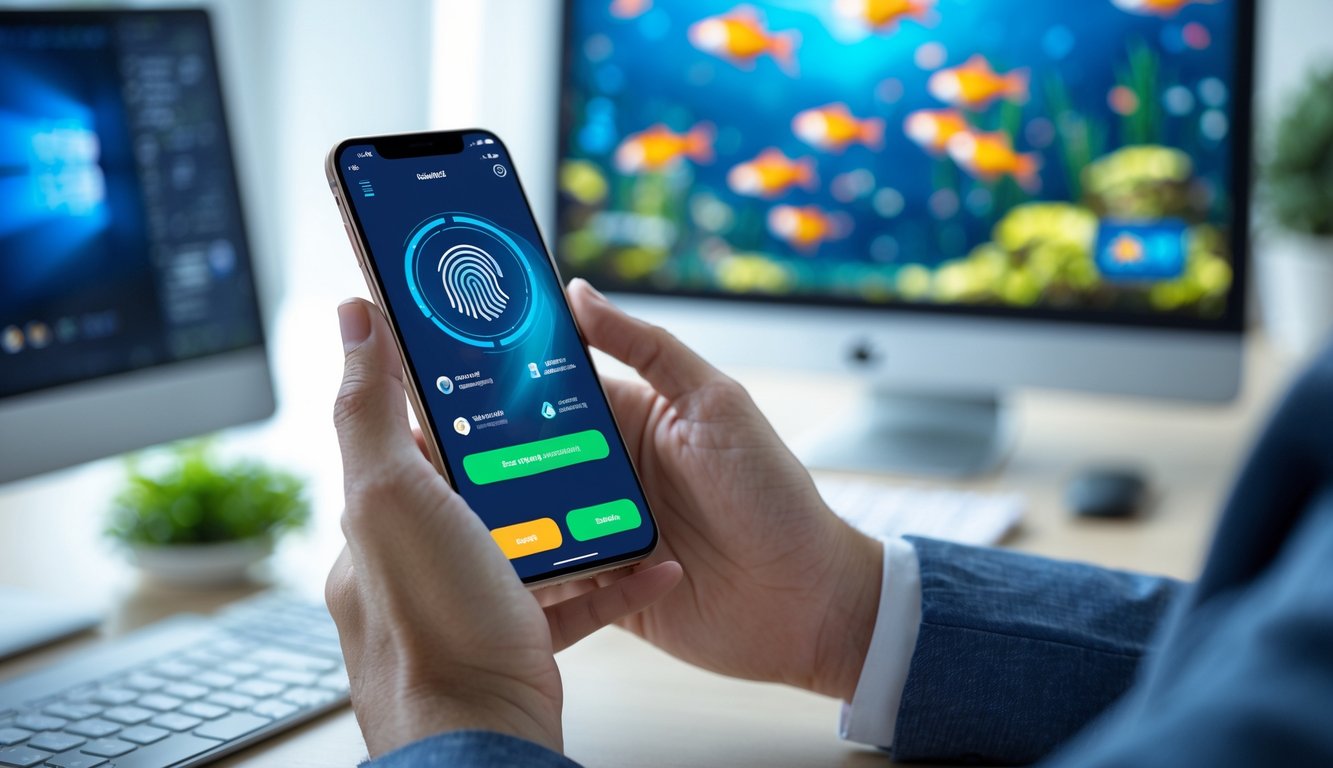 Seseorang menggunakan ponsel untuk melakukan deposit e-wallet dengan latar belakang permainan tembak ikan online di layar komputer.