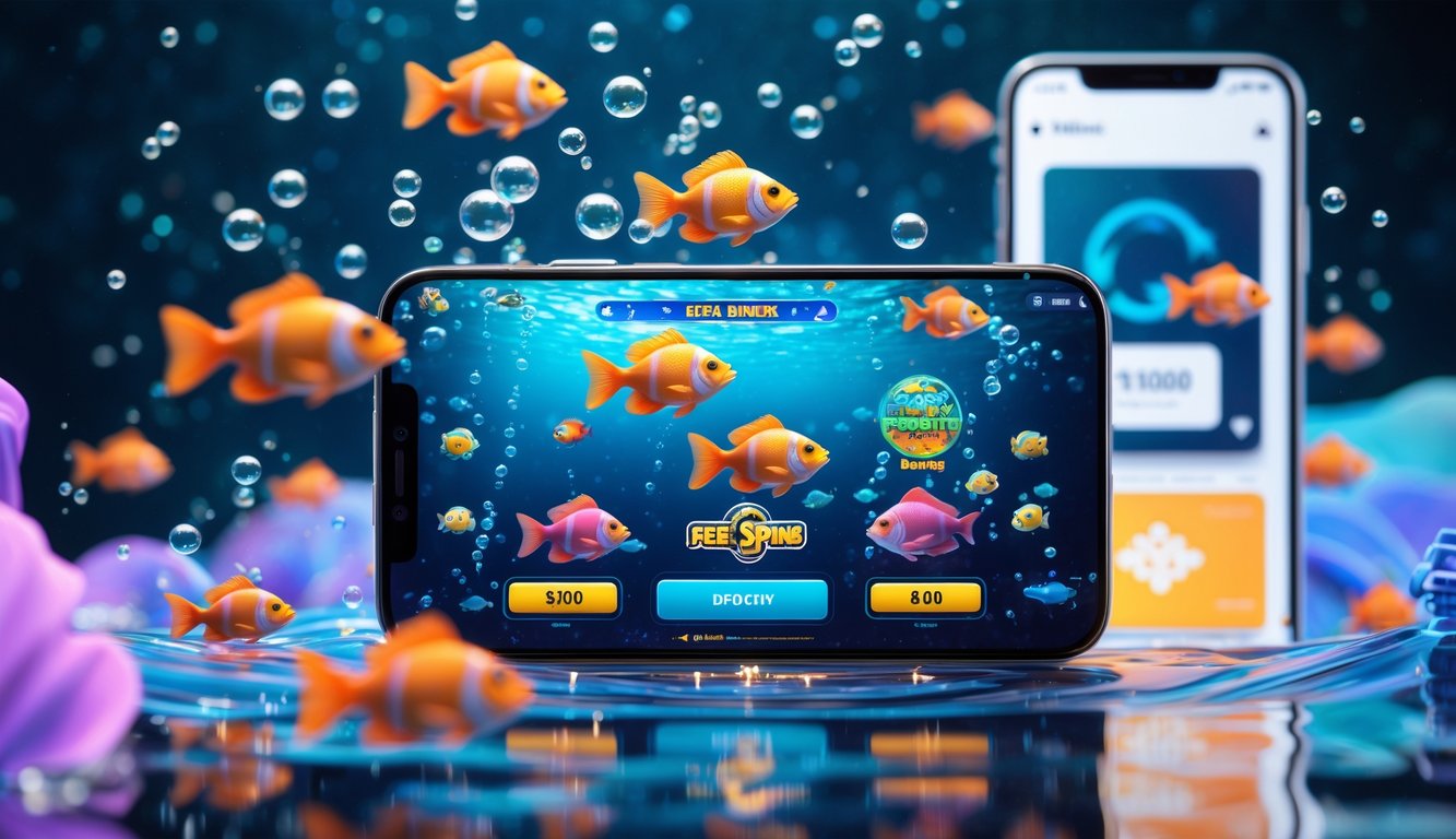 Layar ponsel menampilkan permainan tembak ikan dengan ikan berwarna-warni di latar bawah laut digital dan ikon e-wallet sebagai simbol deposit dan putaran gratis.
