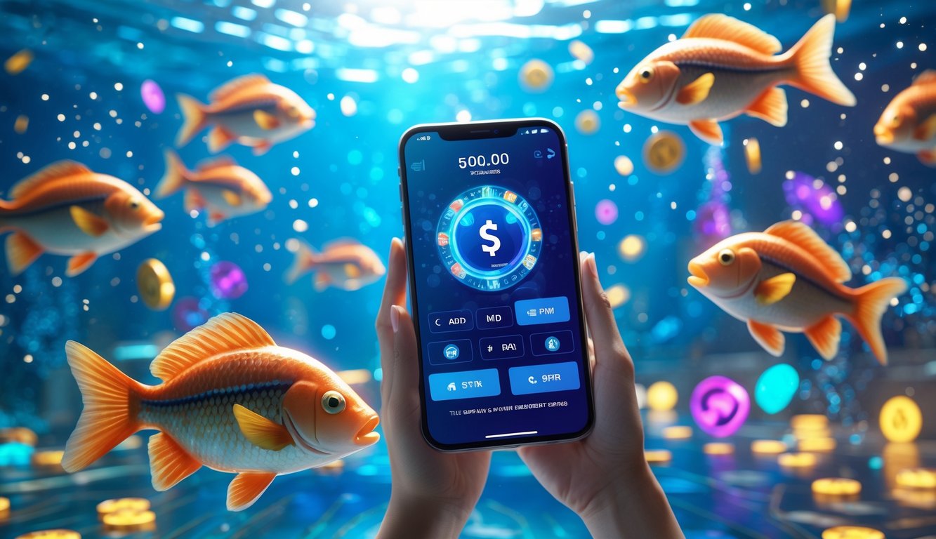 Adegan bawah laut dengan ikan berwarna-warni dan layar digital e-wallet yang menunjukkan transaksi dan hadiah putaran gratis.