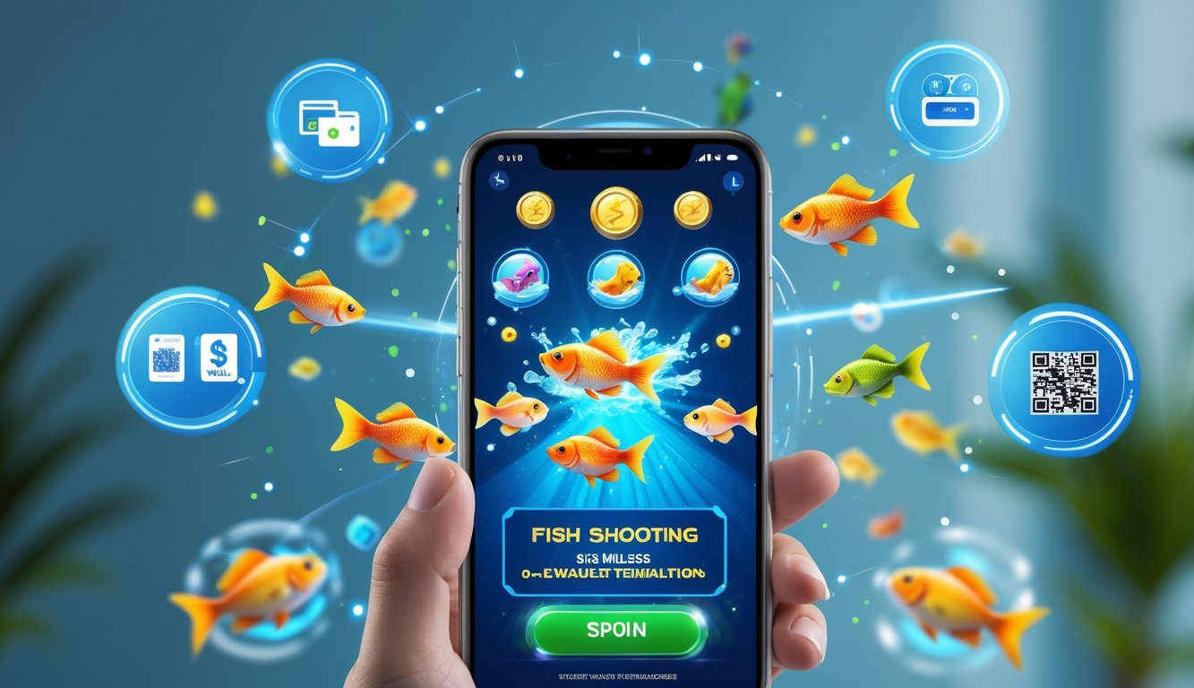 Sebuah ponsel modern menampilkan permainan tembak ikan online dengan ikan berwarna-warni dan ikon pembayaran e-wallet di sekitarnya.
