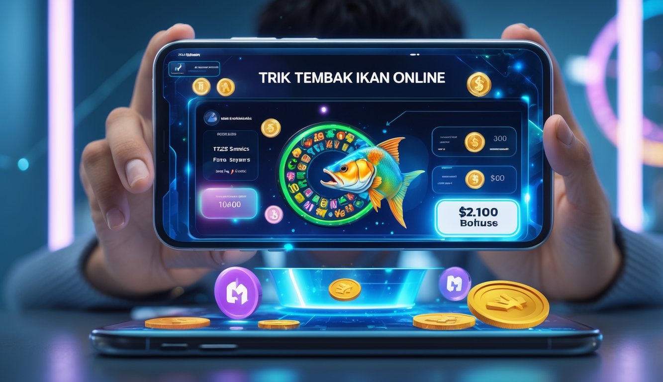 Seseorang menggunakan smartphone untuk bermain game tembak ikan online dengan tampilan aplikasi dompet digital di layar.