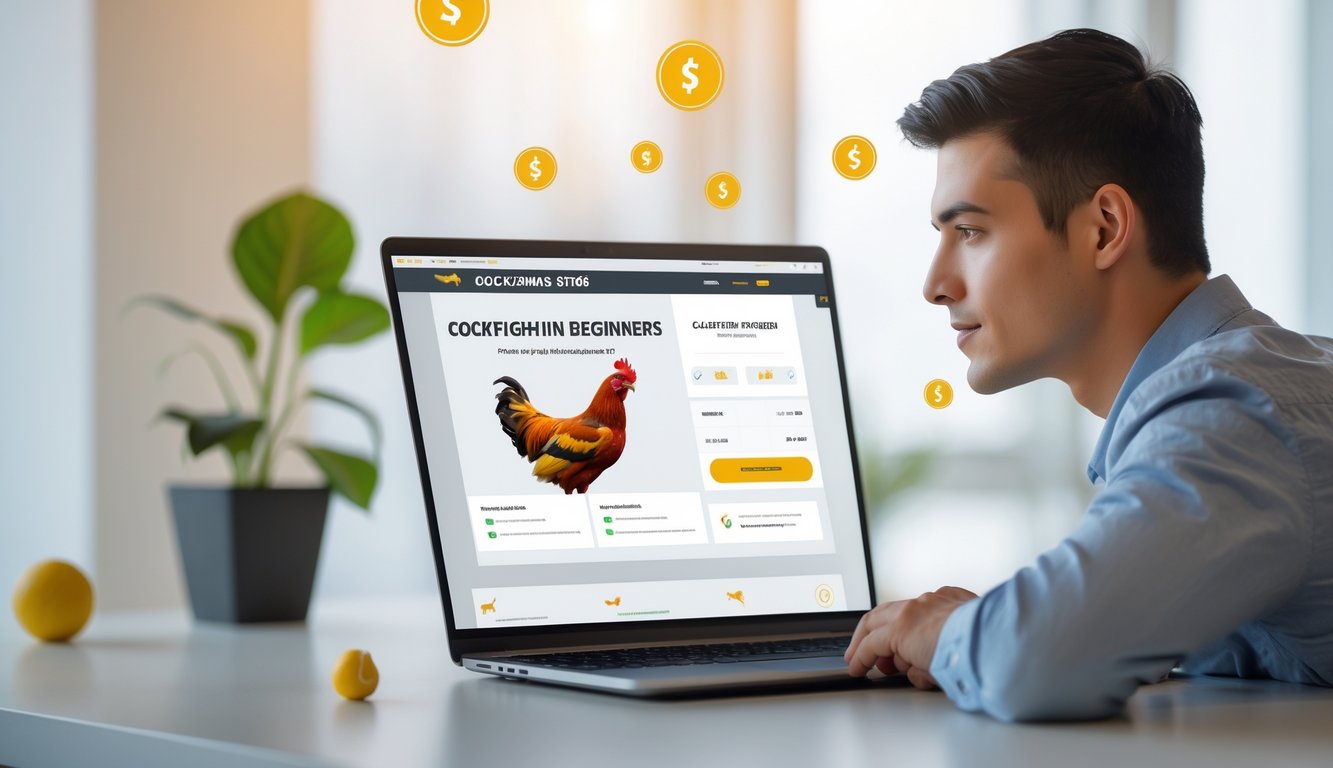 Seorang pria muda duduk di depan laptop di ruangan terang, menggunakan situs taruhan online sabung ayam dengan suasana yang tenang dan profesional.