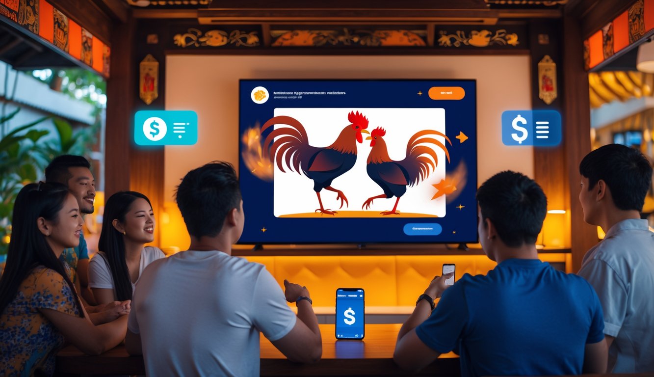 Sekelompok orang muda sedang menonton layar digital yang menampilkan dua ayam aduan dalam pertarungan, dengan suasana hangat dan elemen teknologi di sekitar mereka.
