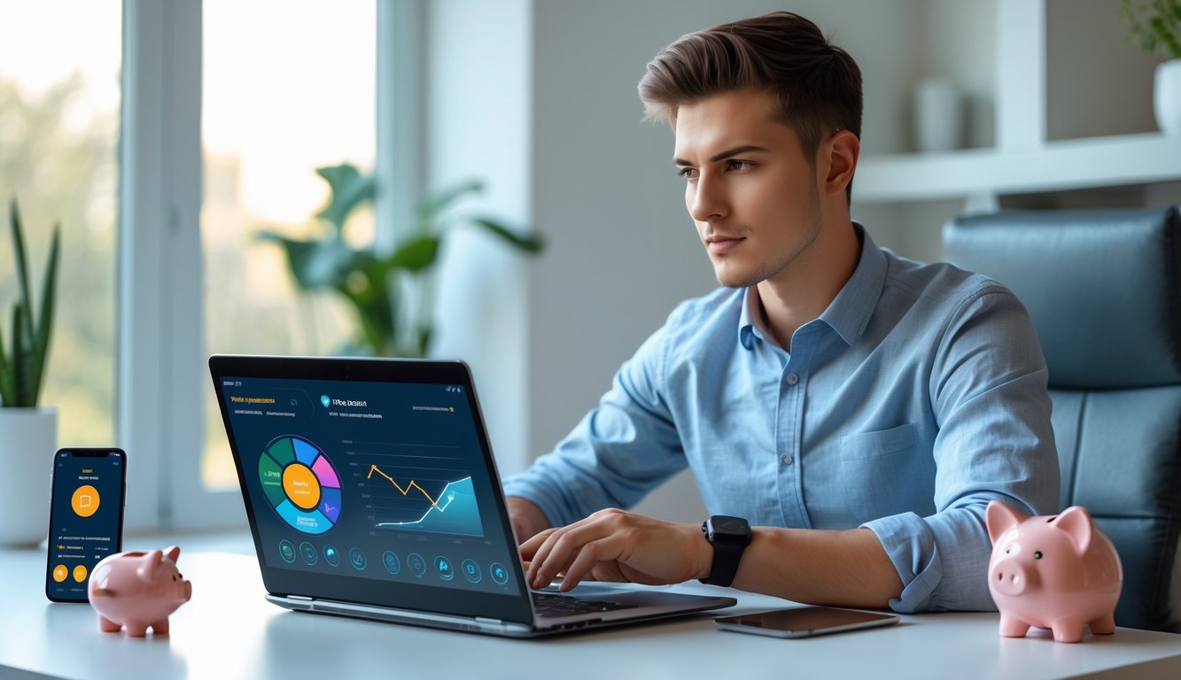 Seorang pria muda duduk di meja dengan laptop terbuka, fokus melihat data dan menggunakan ponsel di ruang kerja yang rapi dan terang.