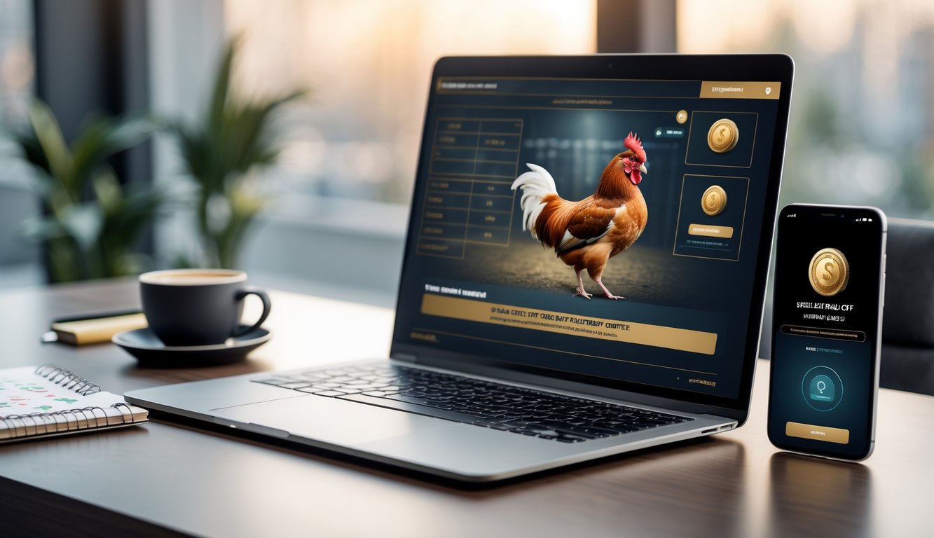 Seseorang sedang menggunakan laptop dan ponsel untuk bermain dan melakukan deposit aman pada permainan sabung ayam online.