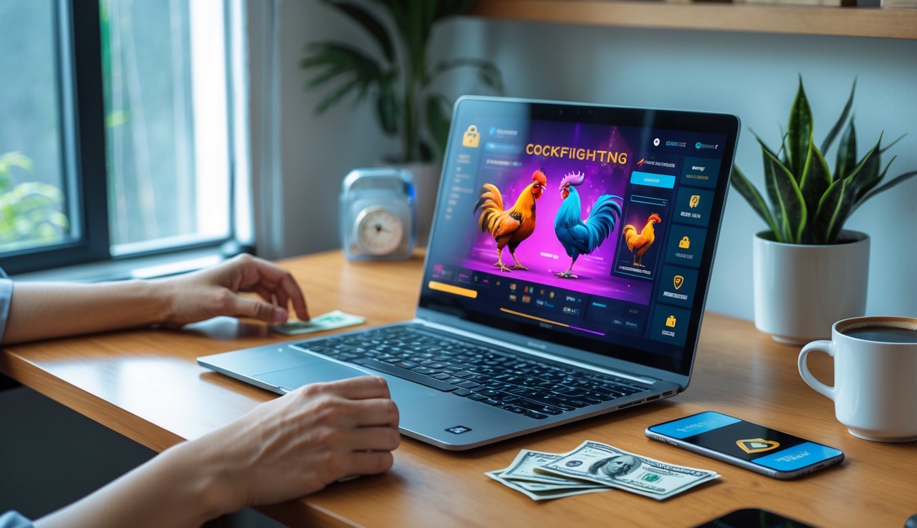 Seseorang duduk di depan laptop di ruang kerja rumah yang terang, bermain permainan sabung ayam online dengan suasana yang tenang dan aman.