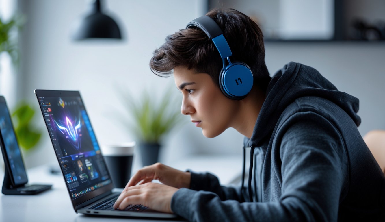 Seorang dewasa muda sedang fokus bermain game online di laptop di ruang kerja rumah yang rapi dan terang.