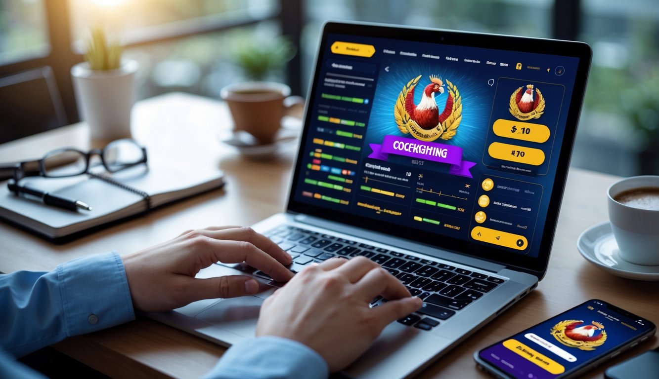 Seseorang sedang menggunakan laptop dan ponsel untuk memilih platform taruhan sabung ayam secara online di meja kerja.