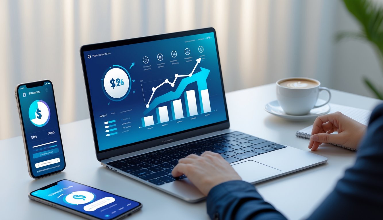 Sebuah meja kerja modern dengan laptop menampilkan dashboard digital, smartphone dengan aplikasi keuangan, dan alat tulis, menggambarkan proses memilih platform online yang terpercaya dan murah.