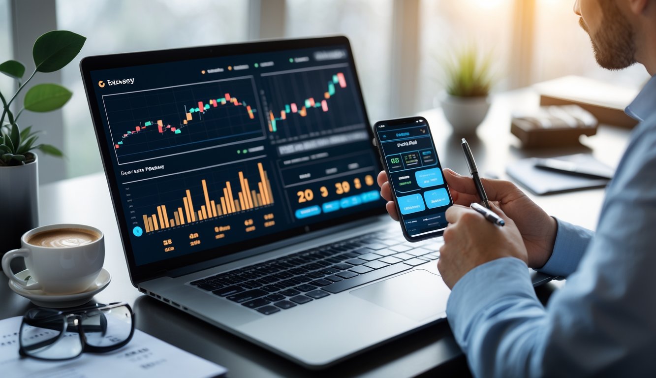 Seseorang sedang bekerja di meja dengan laptop dan ponsel, menganalisis data dan strategi taruhan online.