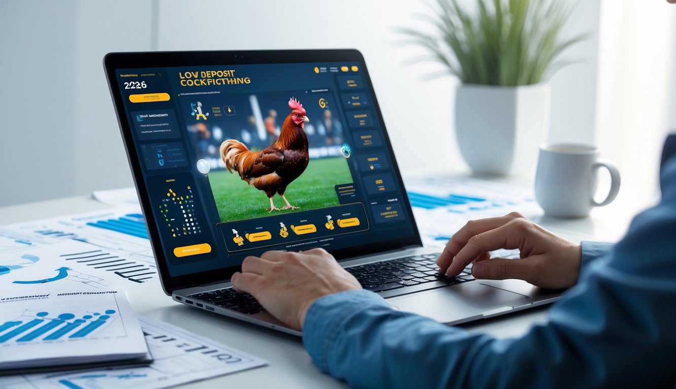 Seseorang sedang bekerja dengan laptop yang menampilkan permainan sabung ayam online, dikelilingi oleh grafik dan catatan strategi di meja kerja.