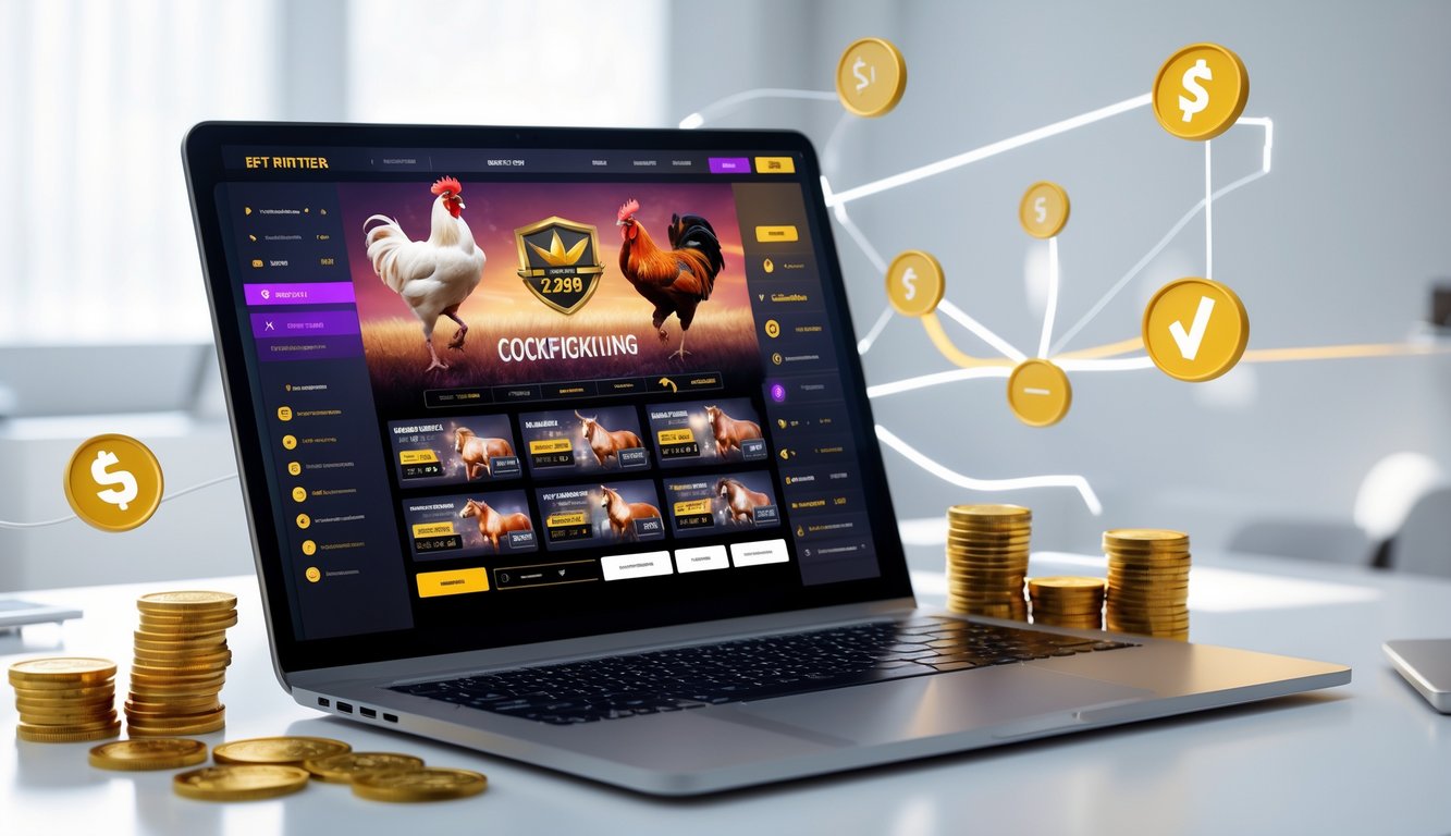 Sebuah meja kerja dengan komputer menampilkan situs taruhan sabung ayam online yang aman dan mudah digunakan, dengan simbol pembayaran dan uang di sekitarnya.