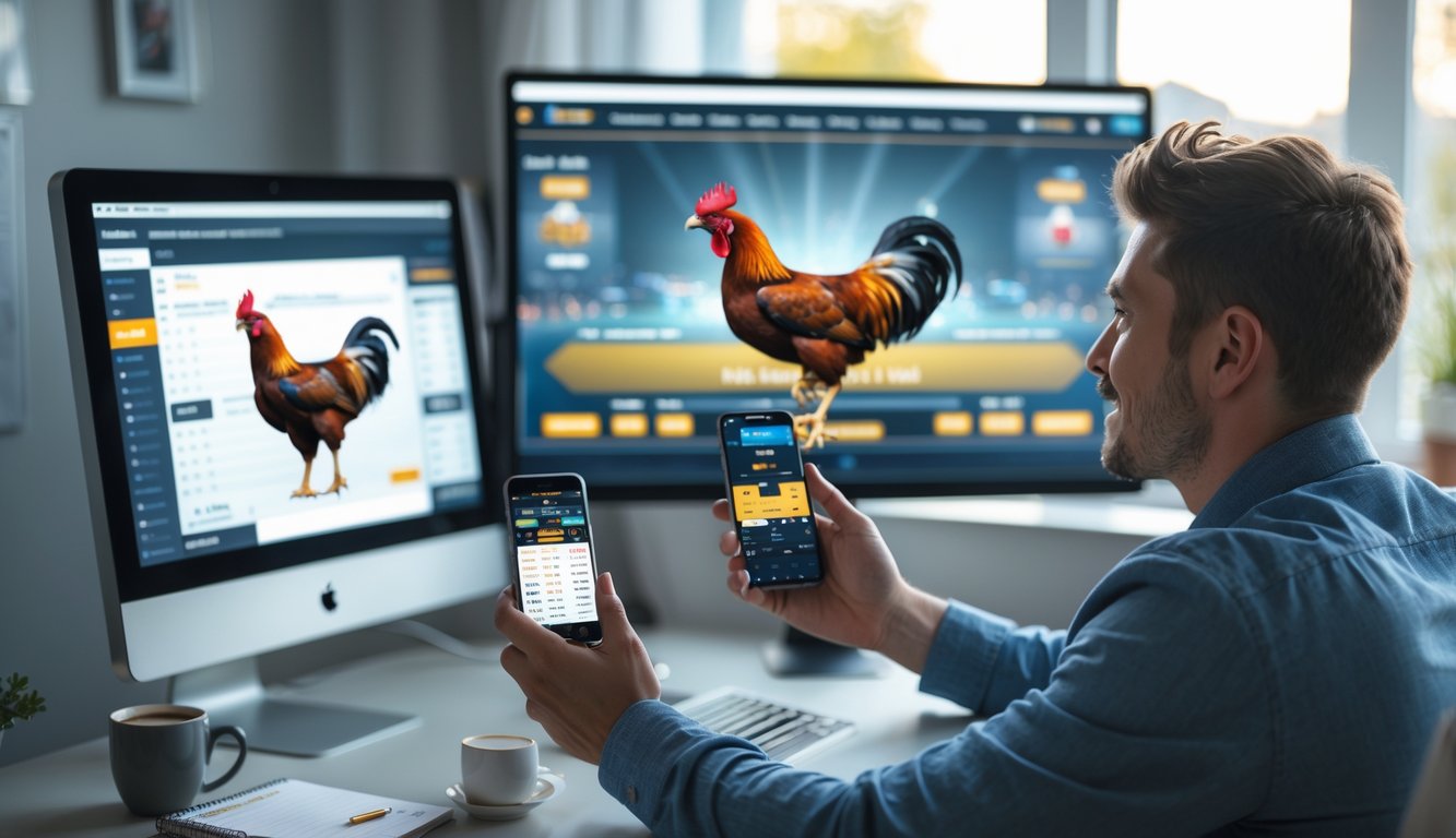 Seorang pria muda sedang menonton pertandingan sabung ayam secara online di depan komputer di ruang kerja rumah.