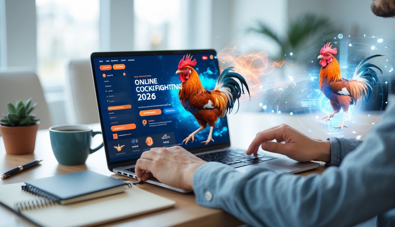 Seseorang menggunakan laptop di meja kerja dengan tampilan platform sabung ayam online di layar, suasana cerah dan fokus.