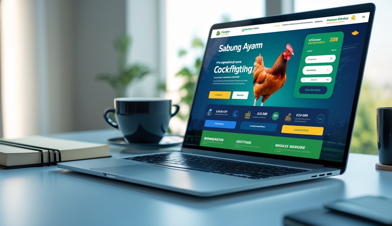 Seorang profesional menggunakan laptop dan ponsel di meja kerja yang rapi dengan tampilan situs web terkait platform review Sabung Ayam.