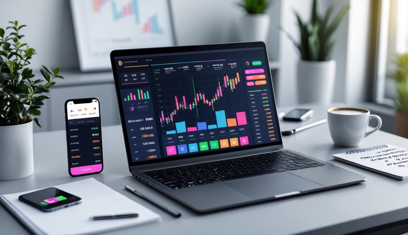 Meja kerja modern dengan laptop yang menampilkan dashboard platform taruhan online, smartphone, secangkir kopi, dan buku catatan di lingkungan kantor yang rapi.