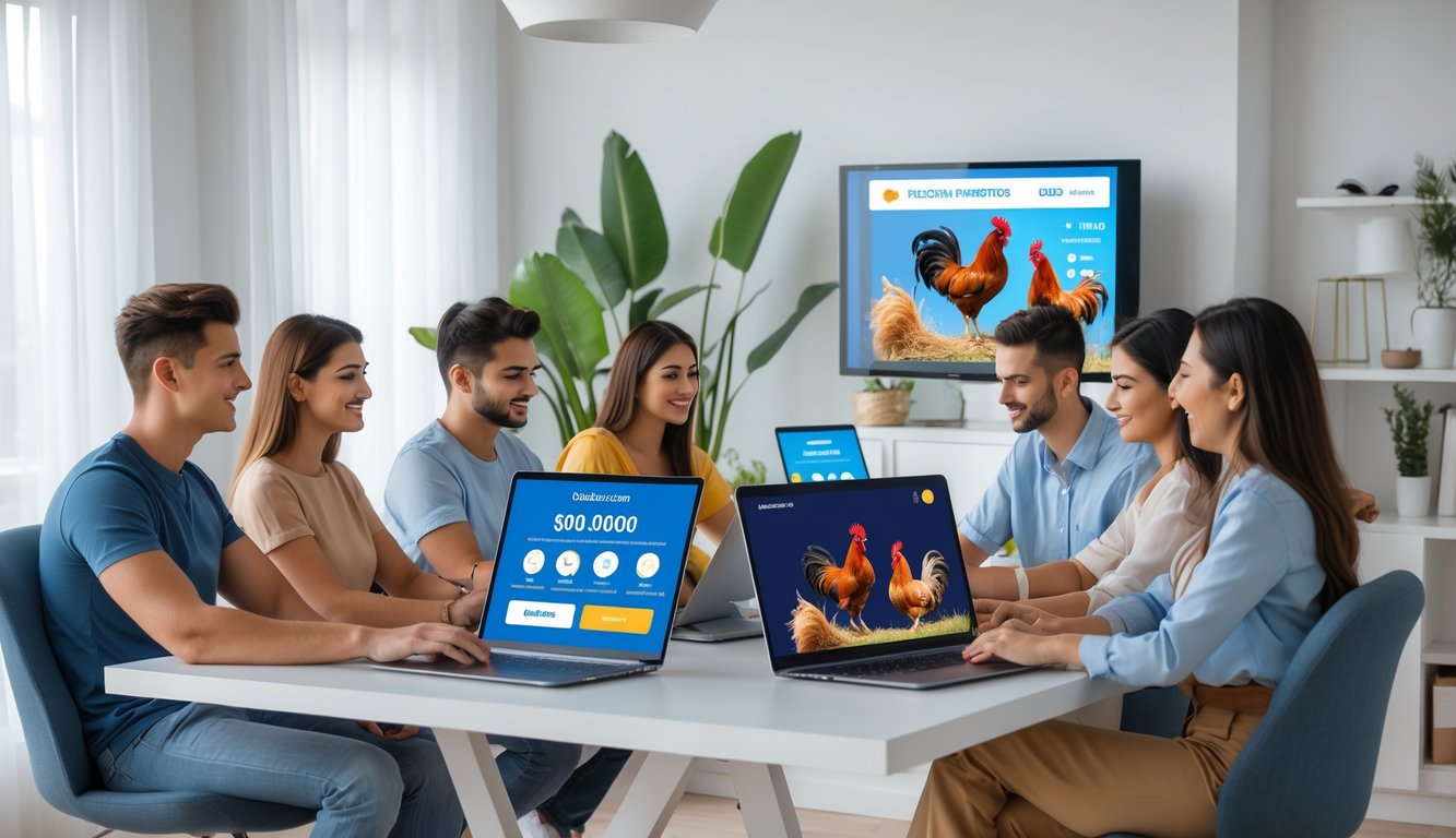 Beberapa orang muda menggunakan laptop dan ponsel untuk bertaruh sabung ayam secara online di ruang tamu yang terang dan modern.