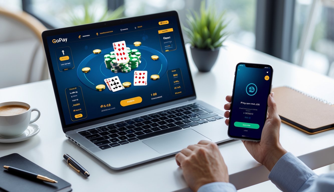 Seseorang menggunakan laptop dan ponsel untuk bermain permainan kartu online dan melakukan pembayaran melalui aplikasi GoPay.