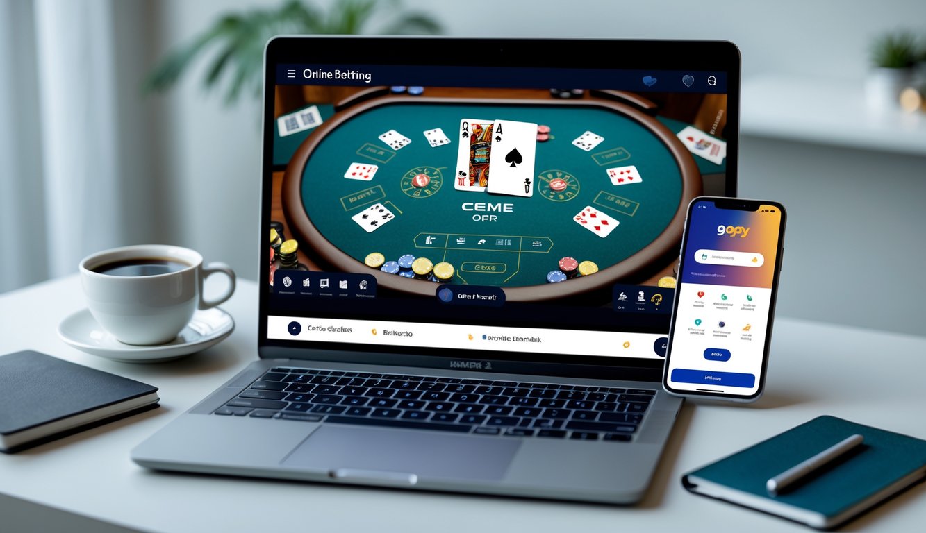 Seseorang menggunakan laptop dan smartphone untuk bermain dan membayar taruhan Ceme online menggunakan Gopay di meja kerja yang rapi.