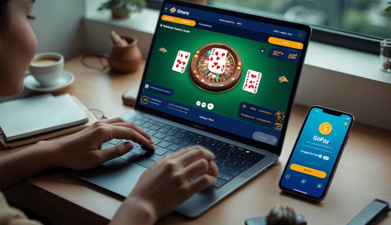 Seseorang menggunakan laptop dan ponsel untuk bermain permainan kartu online Ceme dengan pembayaran melalui aplikasi Gopay di ruangan yang nyaman.