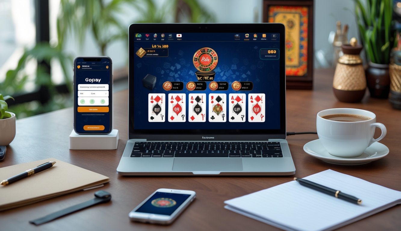 Seseorang bermain permainan kartu Ceme online di laptop dengan ponsel yang menampilkan aplikasi Gopay di meja kerja.